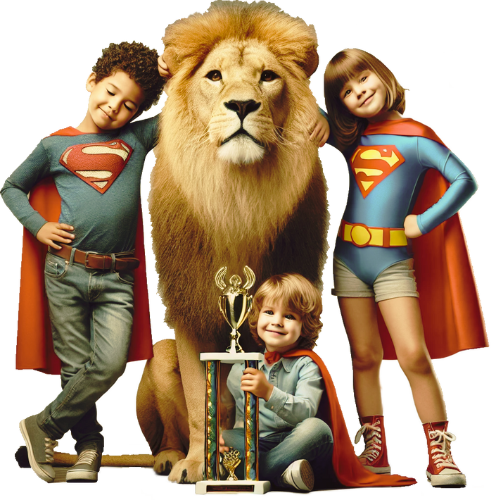 A group of kids in superhero clothing posing with a lion
Description automatically generated